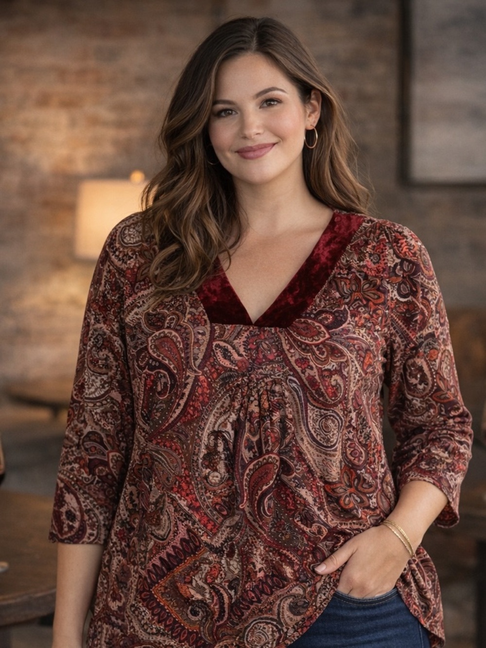 New Directions Curvy Paisley Blouse Burgundy Boho Stretch Top 0X